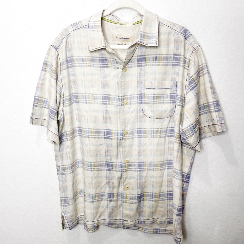 Tommy Bahama Original Fit Short Sleeve 100% Silk Plaid Button Front Shirt Large